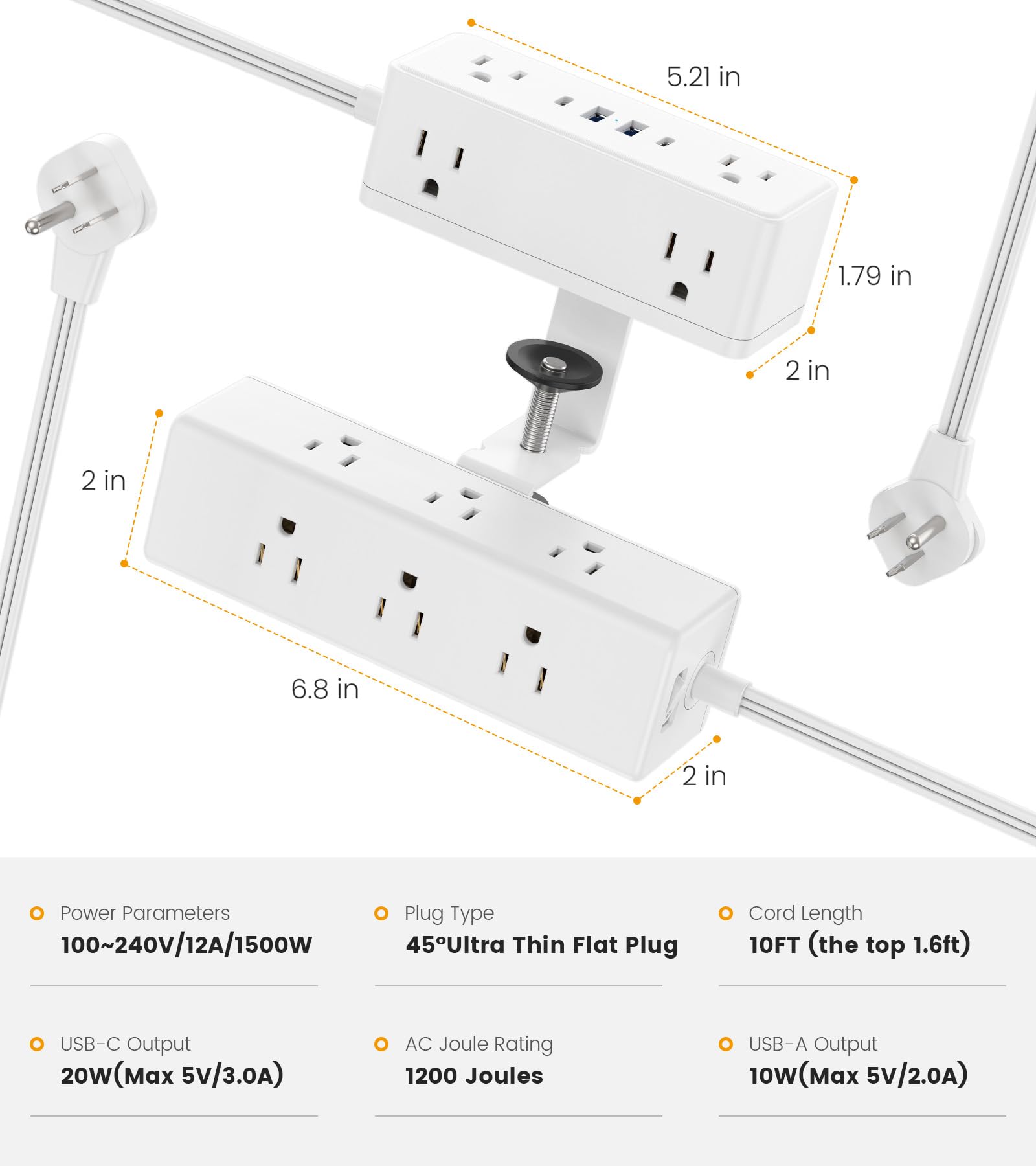 VILONG Dual Layer Desk Clamp Power Strip, 13 Outlets, 20W USB-C, 10FT Cord