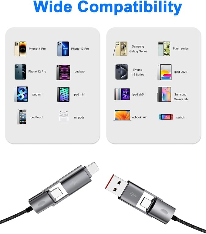 2Pack 4 in 1 USB C Cable Fast Charging PD 65W 27W Multi Charger Cord with Type C/USB A/L Port, 3FT Round Braided Dual USB-C Cable for iPhone 16 15 14 Pro Max/Samsung/i-Pad/MacBook
