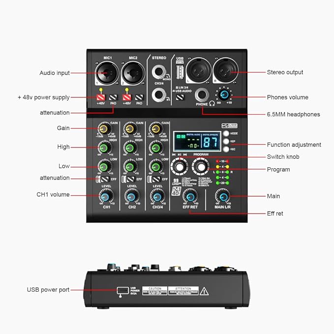 mw-4 black 4Channel Audio Mixer with 99 Sound Effects for PC,Portable Sound Mixing Console with BT USB Recording Input for Live Streaming,Podcasting