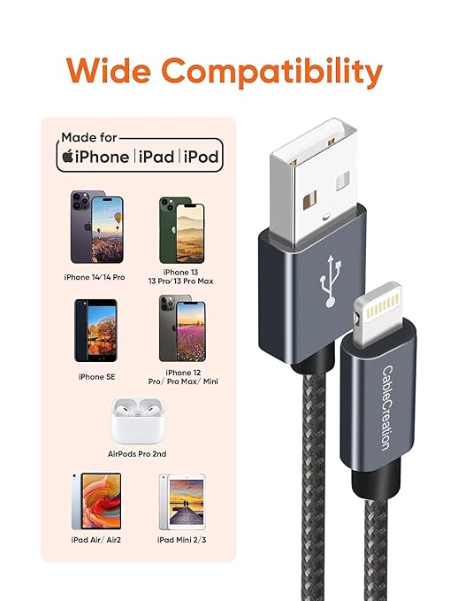 CableCreation Short iPhone Charger Cable 0.5FT/0.15m, USB A to Lightning Cable, Lightning to USB Data Sync Cord [MFi Certified] for iPhone 14/14 Pro, AirPods Pro, iPhone 13/13 Pro/12, iPad Pro, Grey