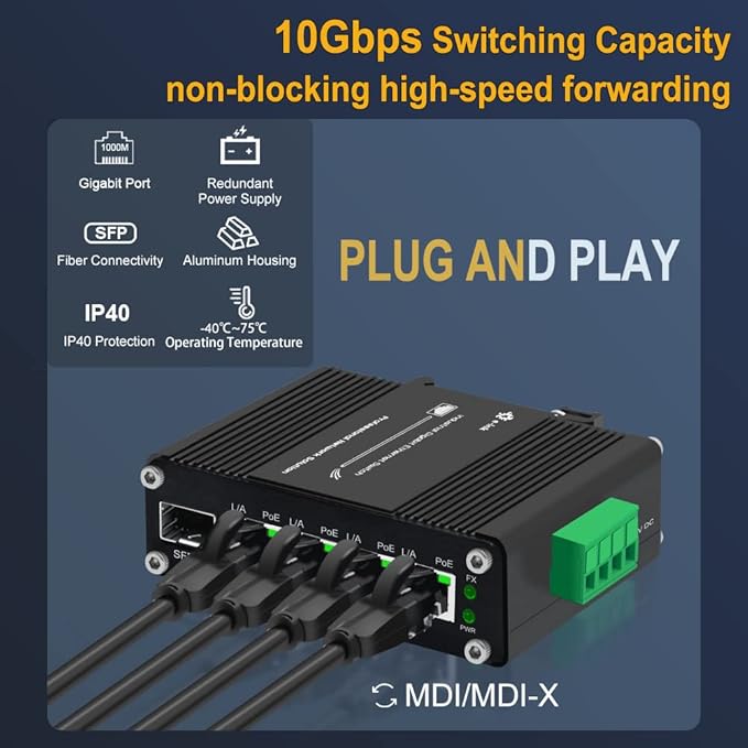 Industrial Gigabit 4 Ports PoE Ethernet Switch PoE+ Fiber Switch with 100/1000M Adaptive SFP Slot Din Rail Unmanaged 10/100/1000Mbps Network Switch IEEE802.3af/at 30W/Port Max 120W 12-48V DC