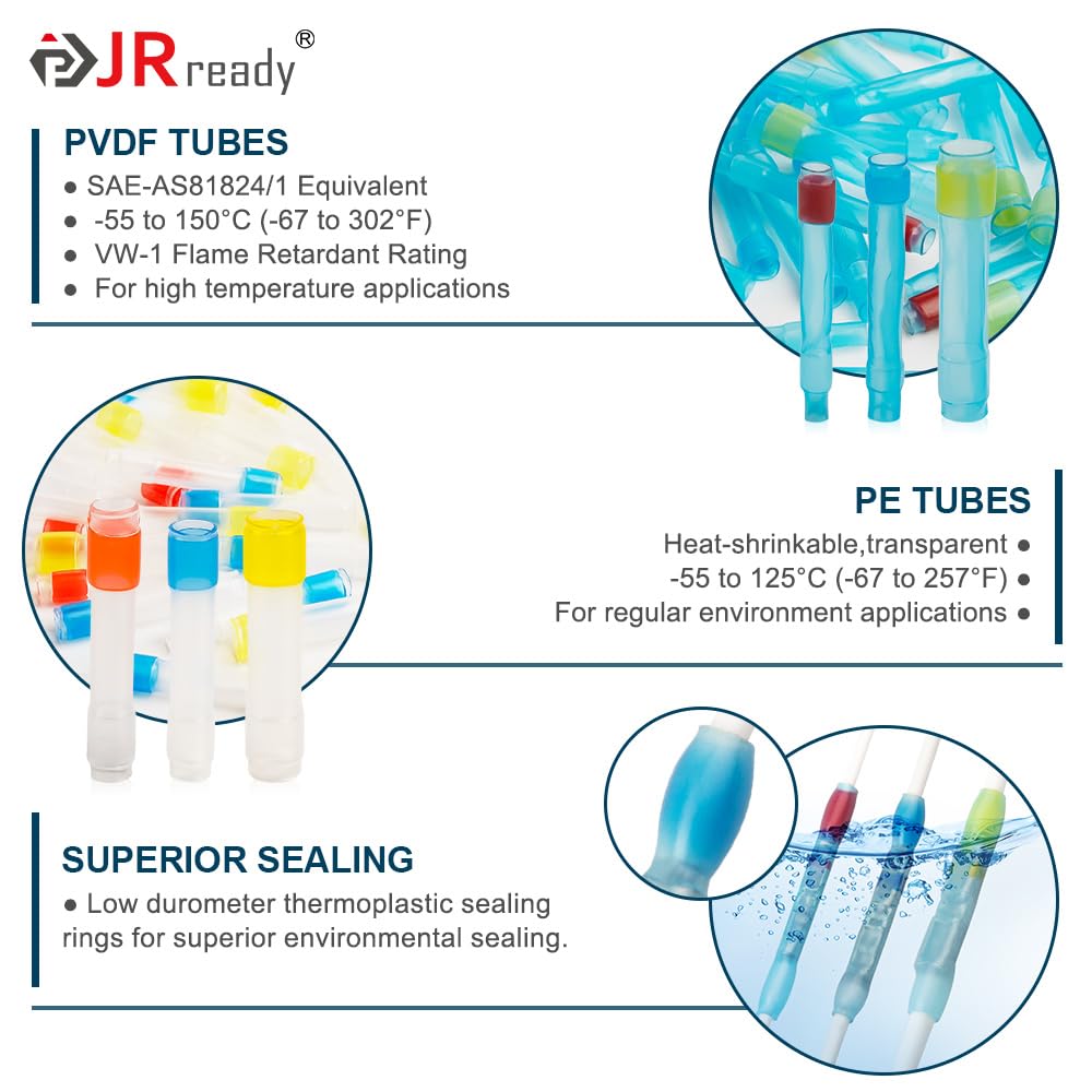 JRready 50Set IP68 Waterproof Heat Shrink Butt Splice Connector Red Environmental Crimp Splice Kit 26–20 AWG (D-436-36, M81824/1-1) Butt Connectors with PVDF/PE Sleeves ST6385-20-50