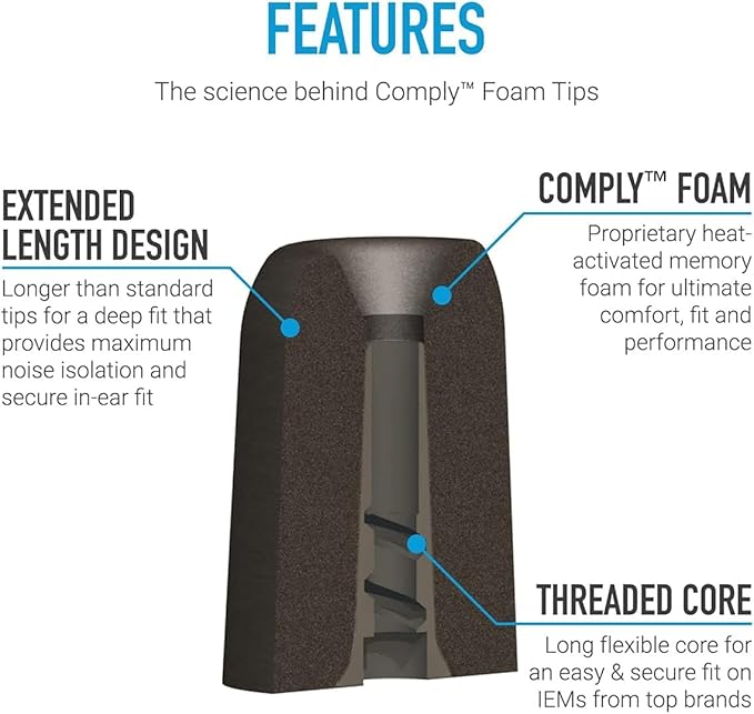 Comply P-Series | Memory Foam Replacement Ear Tips Designed for Etymotic, NuForce, ISOtunes PRO, Q-Jays, & More | Superior Noise Isolation, Ultimate Comfort, Secure Fit | Black (S/M/L) (3 Pairs)
