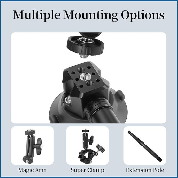 FIFIELD 3inch Suction Cup Camera Mount with Ball Head Magic Arm, 1/4" ARRI Holes, Quick Release Car Mount with Phone Holder & Action Camera Adapter Compatible with DJI OSMO Pocket 3 Insta360 iPhone