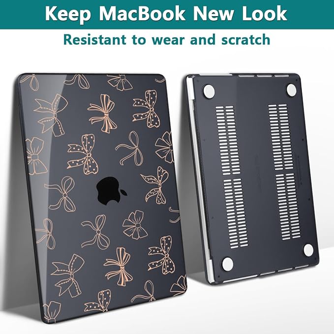 Teryeefi for MacBook Pro 14 inch Case M4 M3 M2 M1 Chip (2025 2024 2023 2021 Release) Model A3112 A3401 A3185 A2918 A2992 A2779 A2442, PC Hard Shell+Keyboard Cover+Type C Adapter, Gold Bows A003