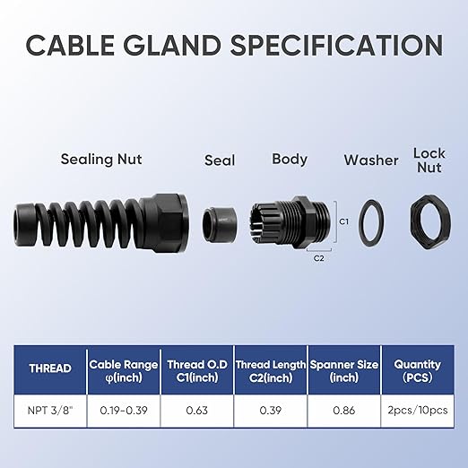 Strain Relief Cord Connector,LISTENJIALE 10Pcs NPT 3/8" Waterproof Cable Gland Flex Spiral Strain Relief Adjustable 5-10mm Cable Connector Nylon Joint with Gaskets(Black)