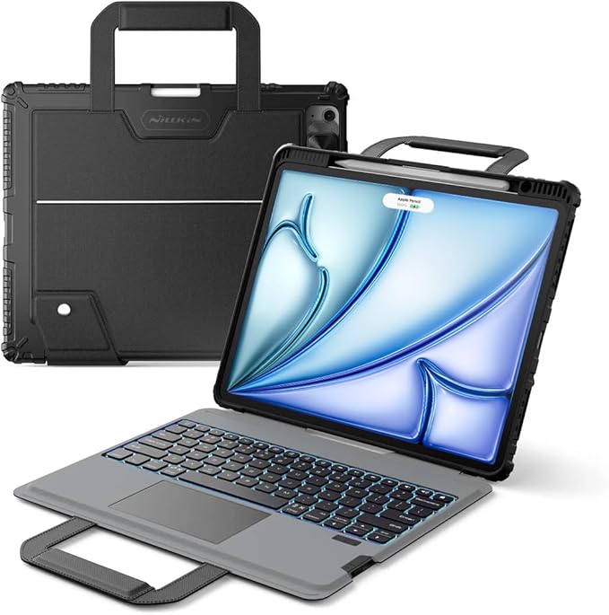 Nillkin Carry Go Keyboard Case for iPad Air 13 inch (M3/M2) with Handle, iPad Pro 12.9 (3rd/4th/5th/6th Gen) Rugged Case with Detachable Keyboard, Magic Trackpad, 7 Colors Backlit, Camera Cover, Black