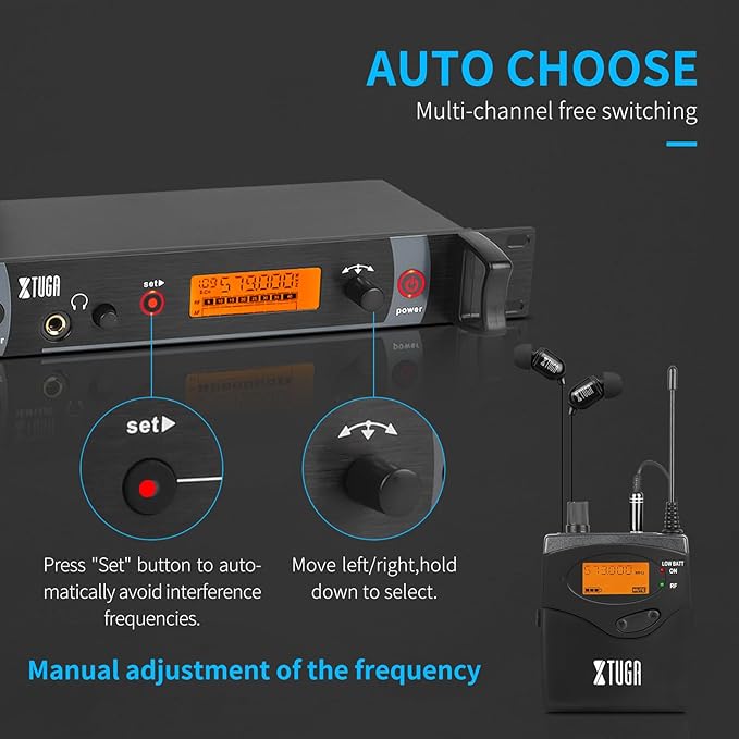 XTUGA RW2080 Wireless in Ear Monitor System 6 Bodypacks UHF IEM System, Dual Channel Mono Design Stage Monitors Earphone with 40 Frequencies, 300Ft for Band, Studio or Musicians, 902-928mhz