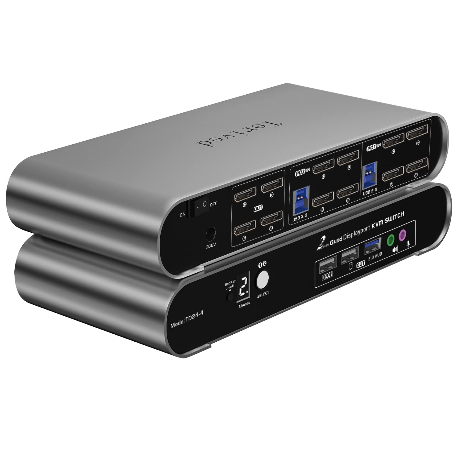 Terived 2 Port DP USB 3.0 Automatic KVM Switch Quad Monitor Two Computers Four DisplayPort Monitors, 8K@30Hz 4K@144Hz, Aluminum hotkey Audio Microphone, Digital Display, HDR10 with Cables