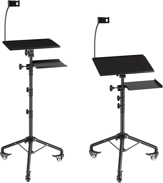 Projector Tripod Stand with Wheels, Portable Laptop Floor Support with Mouse Tray & Bag, Height Adjustable 26 to 49 Inch with Gooseneck Phone Holder for Office, Home, DJ Racks