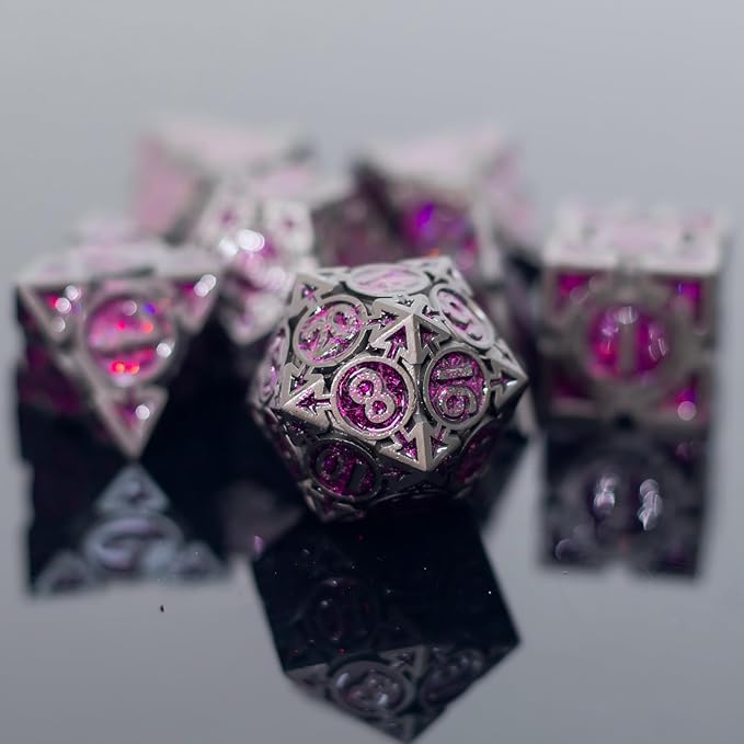 Purple Black Nickel Finish Heavy Metal DND Dice Set (Warlock) with A Metal Box, Sharp Edge Zinc Alloy D&D Accessories, D4-D20, Designed for Dungeons & Dragons Master, RPG Player, Starter