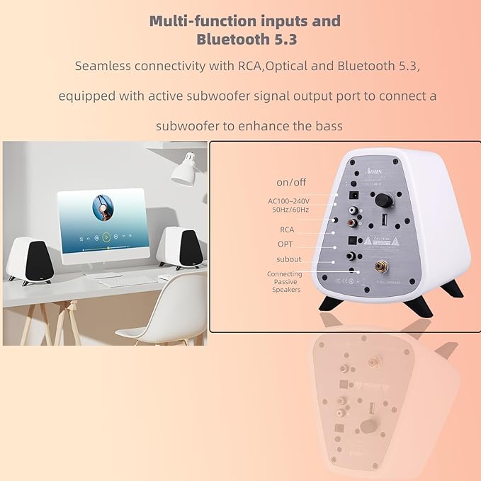 AS31 Active Bookshelf Speakers Bluetooth 5.3, 2-Way Stereo PC Desktop 80W RMS/3-inch Bass/Midrange/RCA and Fiber Optic Inputs, Wooden Compact High-Power Speakers - Matte Skin White