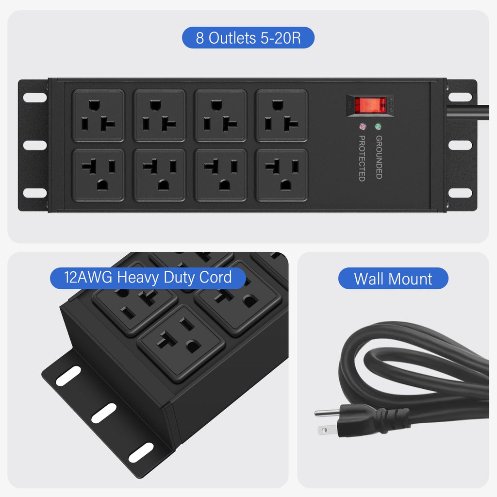 CCCEI 12 Gauge Heavy Duty Power Strip, 8 Ports, Black, 25FT.