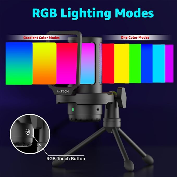 IXTECH USB Gaming Microphone for PC, RGB Condenser Microphone with Tripod Stand, Pop Filter, Rotate Gain Button, and Quick Mute, Noise Cancellation Computer Mic for Streaming, Gaming, Podcasting