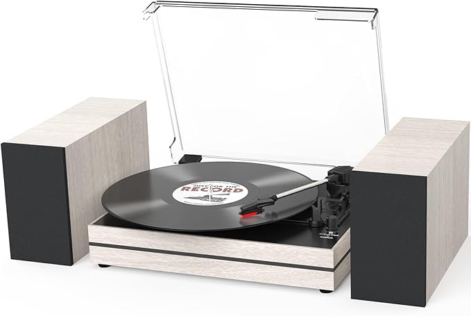 Record Player for Vinyl with External Speakers, Belt-Drive Turntable with Dual Stereo Speakers Vintage Vinyl LP Player Support 3 Speed Wireless AUX Headphone Input Auto Stop for Music Lover White
