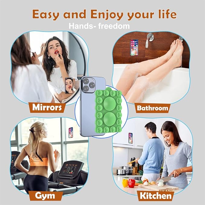 Double Sided Silicone Suction Phone Holder Mount,Compatible with iPhone and Android Cases Hands-Free Mirror Shower Phone Mount Strong Grip Holder (Grass Green, Double Sided 2PCS)