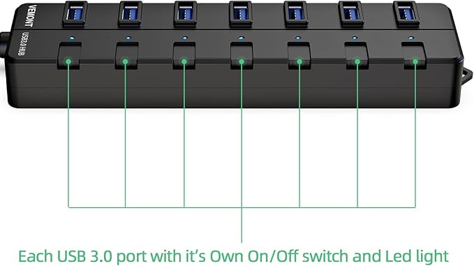 VEMONT USB hub,Computer Peripheral Equipment 7-Port USB 3.0 hub with 5V2A Power Adapter and Individual On/Off Switches,USB Charging hub 4ft/1.2m Long Cable