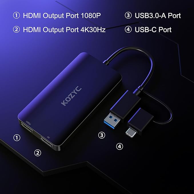 USB 3.0 to HDMI Splitter Extended Display Dual Monitors, USB 3.0-A/C to Dual HDMI Adapter 4K@30Hz+1080p@60Hz Compatible MacBook/MacBook Pro Air Dell (MST Support MacOS/Windows)