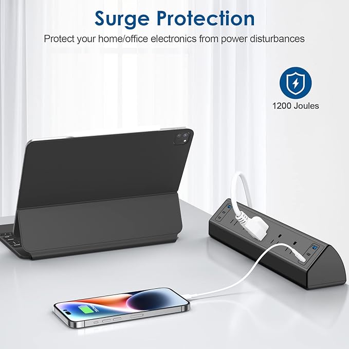 Desk Clamp Power Strip USB C,Under Desk Mount Power Station,20W Fast Charging,Fits 1.9'' Tabletop Edge,Desk Surge Protector,Perfect Home,Office Supplies (Black, 5 Outlets & 6 USB Ports & 25 FT Cable)