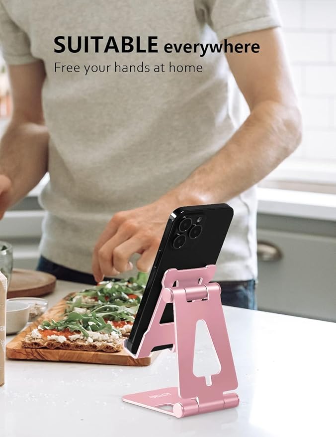 Cell Phone Stand for Desk, Adjustable Desktop Phone Holder Stand, Foldable Moblie Phone Dock for iPhone 15 14 13 12 11 Pro Xs Max Xr X 8 7 6 5 5s SE Nintendo Switch All Phones, Rose Gold