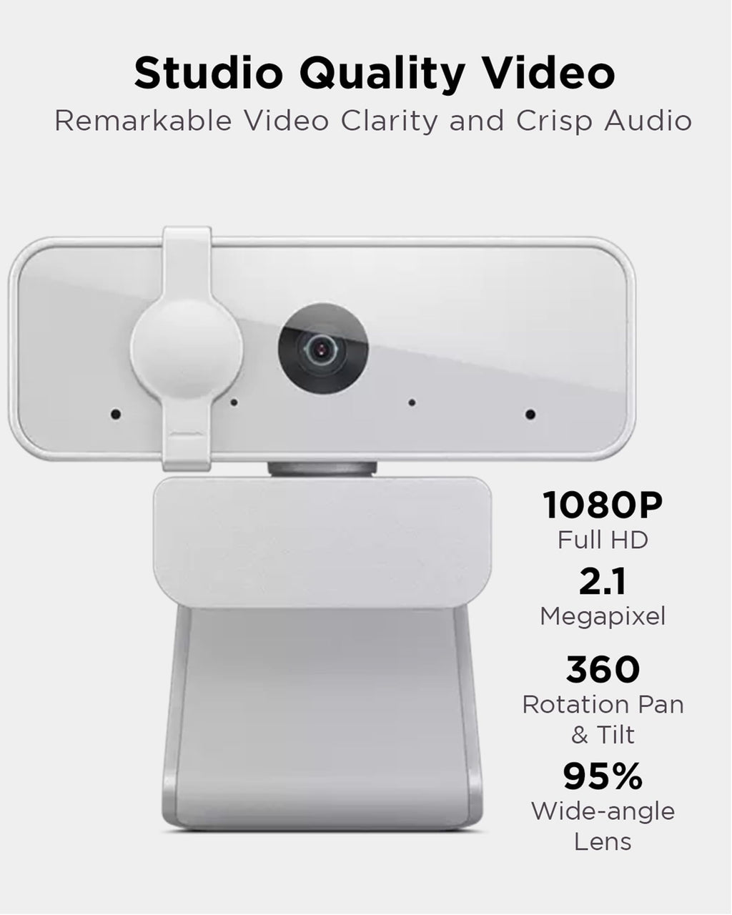 Lenovo HD 1080p Webcam (300 FHD) - Monitor Camera with 95° Wide Angle, 360° Rotation Pan & Tilt, Dual Microphones – Attachable Desktop Cam with Privacy Shutter for Remote Work, Streaming & Gaming