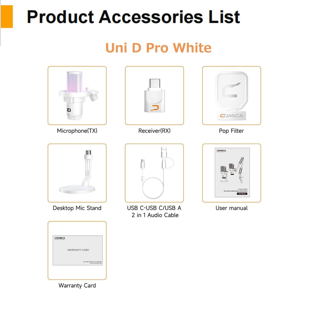 comica Wireless USB Microphone for Computer and Smartphone,48kHz/24bit RGB Cardioid Condenser Gaming Mic for Podcasting,Streaming,Recording,Music Creation,with Boom Arm Stand-White (EJoy Uni Pro A)
