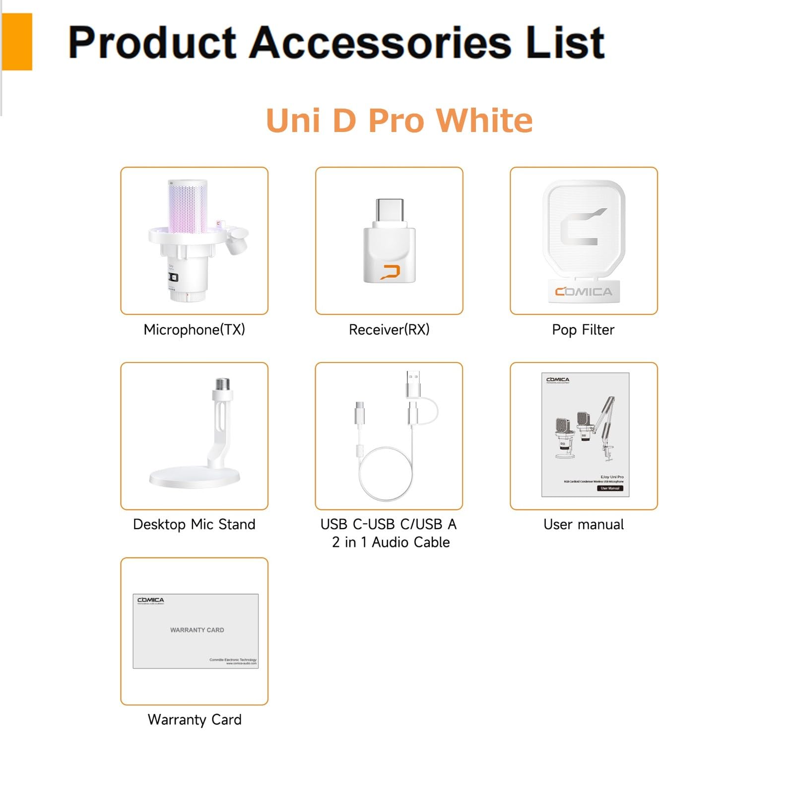 comica Wireless USB Microphone for Computer and Smartphone,48kHz/24bit RGB Cardioid Condenser Gaming Mic for Podcasting,Streaming,Recording,Music Creation,with Boom Arm Stand-White (EJoy Uni Pro A)