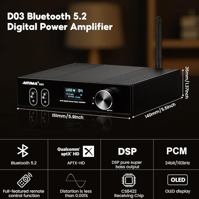 AIYIMA D03 Bluetooth 5.0 DAC Amplifier 150 Watt x 2 Stereo HiFi 2.1 CH Digital Sound Amplificador 24Bit/192kHz Class D Power Amp USB Coaxial Optical OLED AptX, Support Subwoofer & with Remote