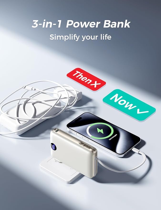 Portable Charger with Built in Cable & Wall Plug, 50000 mAh Power Bank, 22.5W Fast Charging, 4 Outputs, Travel Essential Battery Pack with LED Display for iPhone 17/16/15/14 Series, Samsung, iPad etc