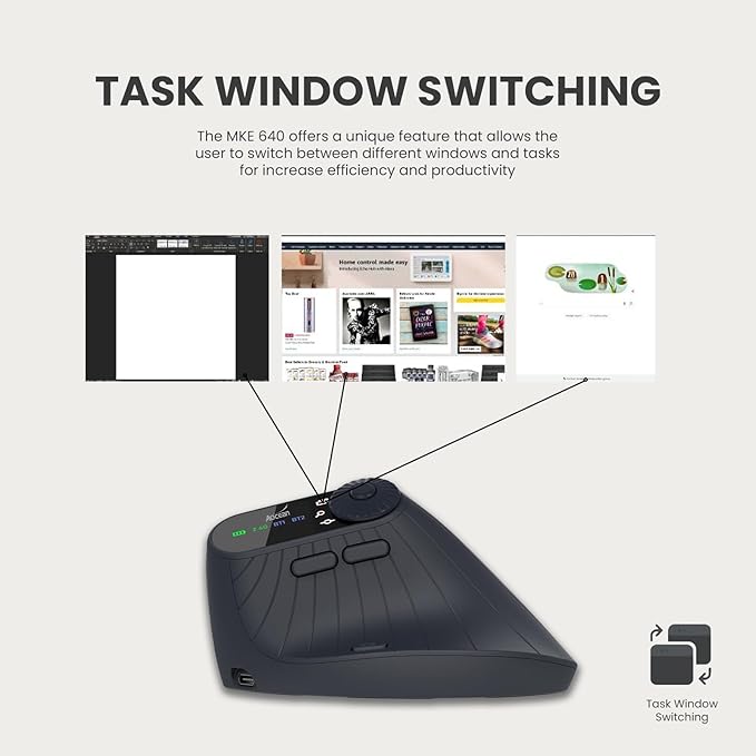 Vertical Ergonomic Mouse 2.4G Wireless BT Task Window Switching and Horizontal Scrolling,Adjustable DPI, Lightweight for Laptop,Desktop,PC,MacBook, Black (MKE 604)