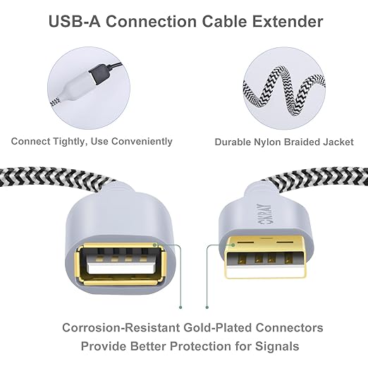 OKRAY White USB Extension Cable, 2-Pack 6FT Nylon Braided USB 2.0 Extension Cable - Type A Male to A Female Extender Cord with Gold-Plated Connector for USB Flash Drive, Keyboard, Printer, Webcam