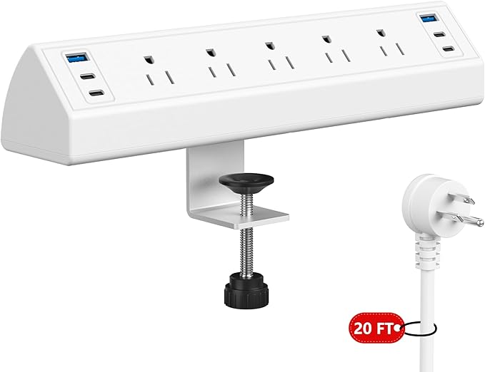 Desk Clamp Power Strip USB C,Under Desk Mount Power Station,20W Fast Charging,Fits 1.9'' Tabletop Edge,Desk Surge Protector,Perfect Home,Office Supplies (White, 5 Outlets & 6 USB Ports & 20 FT Cable)