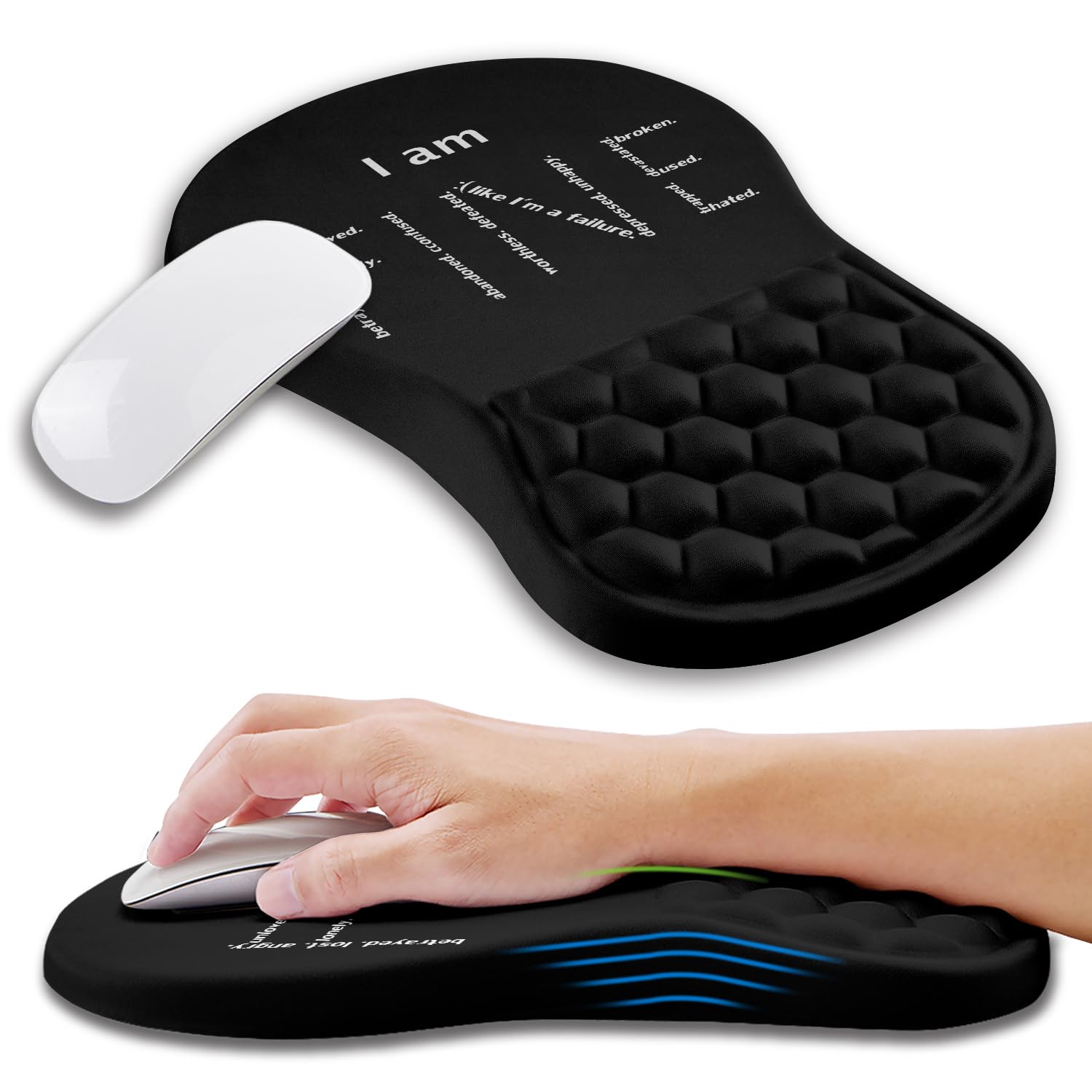 Kuosgm Ergonomic Mouse Pad Wrist Support with Memory Foam Massage Bulge, Carpal Tunnel Pain Relief Mousepad Wrist Rest for Mouse(12x8 inch, I Am Fine)