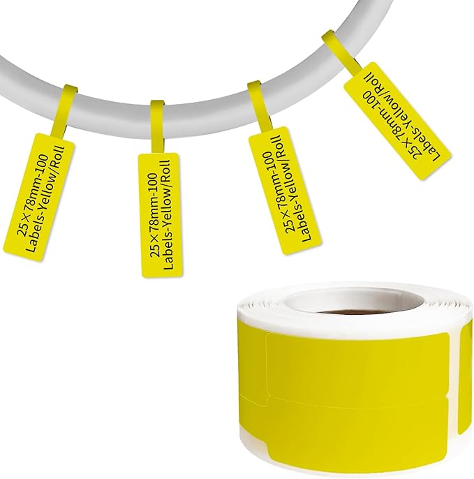 100 Pcs Cable Labels - Waterproof Wire Cord Labels, Tear Resistant Wire Label, Self Adhesive Cord Organizing Label, for Cable Management, Compatible with PUQU AQ20 Label Makers(Yellow) 25x78mm
