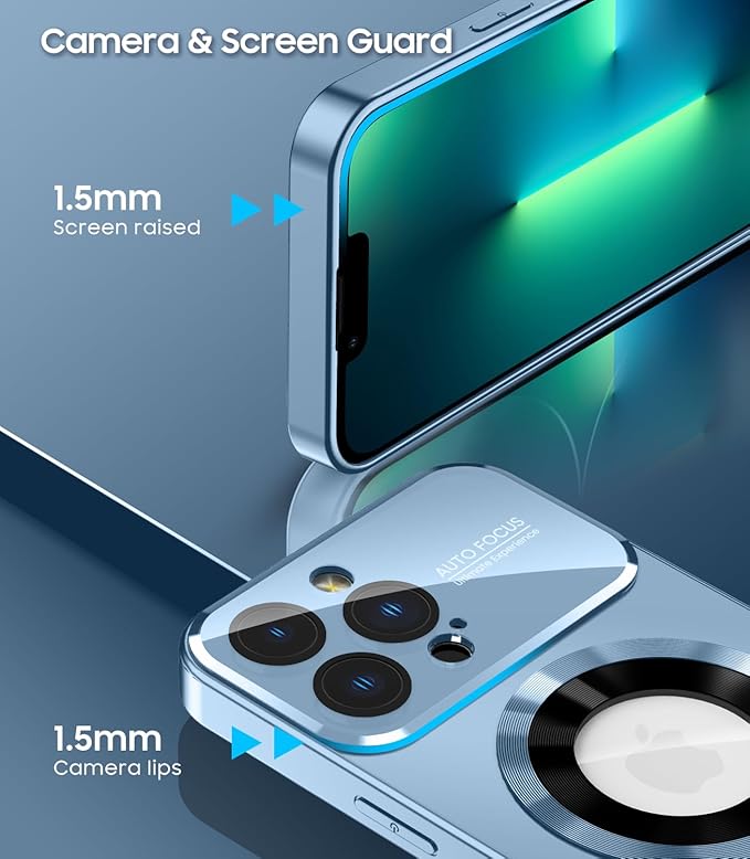 Magnetic for iPhone 13 Pro Case, Built-in Camera Lens Protector, Compatible with MagSafe, Logo View, Military Grade Protective Phone Cover, Sierra Blue