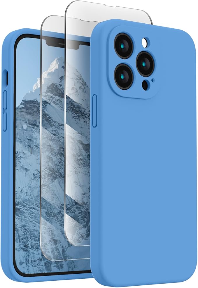 FireNova Designed for iPhone 13 Pro Max Case, Silicone [Camera Protection] Phone Case with [2 Screen Protectors], Soft Anti-Scratch Microfiber Lining Inside, 6.7 inch, Blue