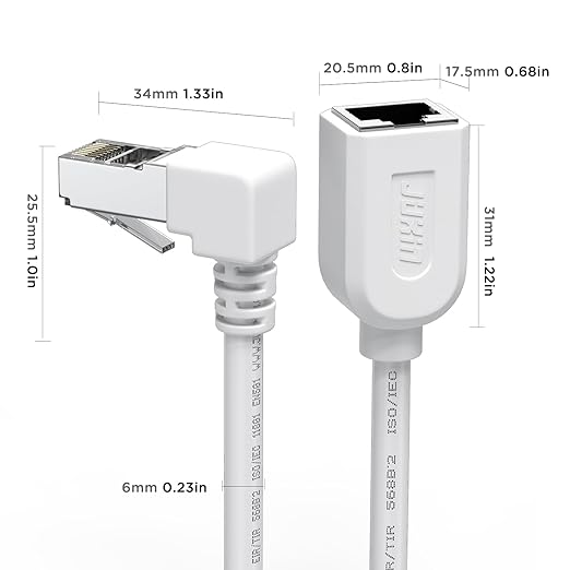 Right Angle Ethernet Extension Cable UPangle 1.5ft-White, 90 Degree CAT6 Ethernet Patch Cable RJ45 LAN Cable Extender Male to Female Connector for Router Modem Smart TV PC Computer Laptop