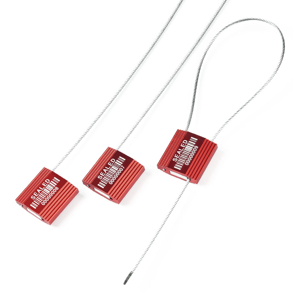 LeadSeals 100 Red Steel Cable Seals With Barcode - High Security Numbered Truck Anti-Tamper Pull Tite Tags - Metal Container Shipping Self-Locking Safety Ties ISO 17712