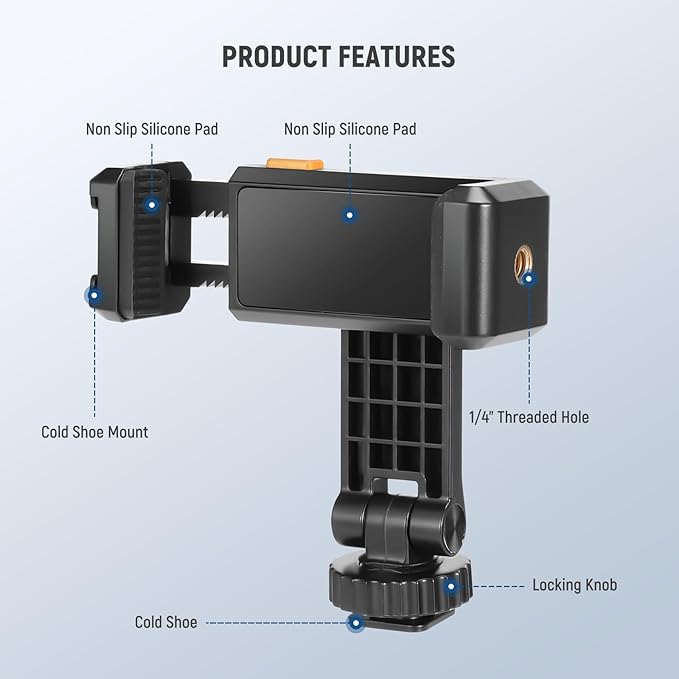Neewer Basic Phone Tripod Mount Holder with 1/4" Thread & Cold Shoe, 2.36"-3.54"/6-9cm 360° Rotatable Camera Mount Cellphone Clamp for iPhone 15 14 13 12 11 Pro Max X XR Samsung S24 Ultra, SP-10