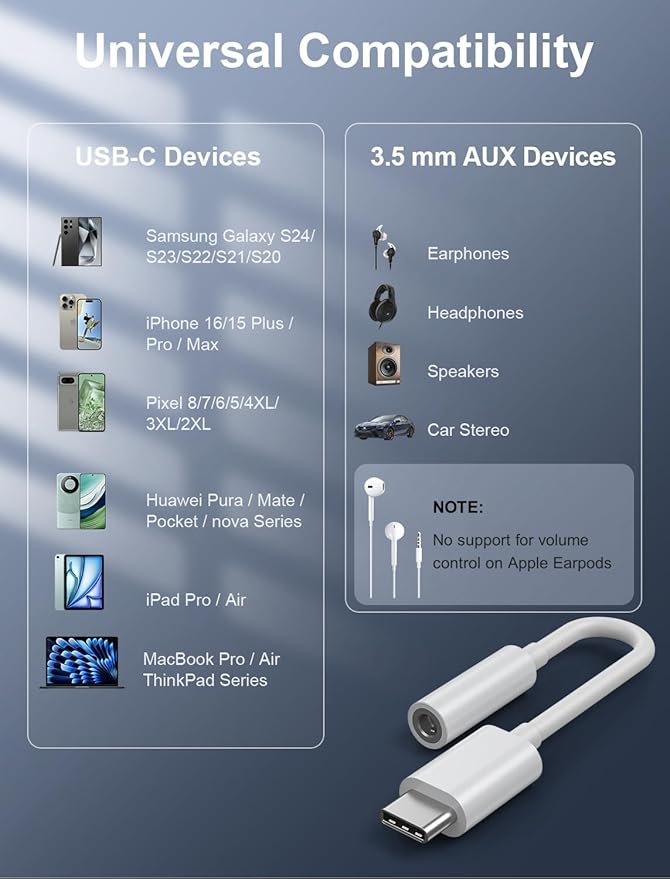 USB-C to 3.5mm Audio Headphone Adapter - HiFi 2 Pack Compatible with Apple iPhone 16 15 Samsung Galaxy S25 S24 S23 S22 S21 Plus Pro Max Ultra Pixel iPad - Type C to Aux Cord Jack Dongle Adapter