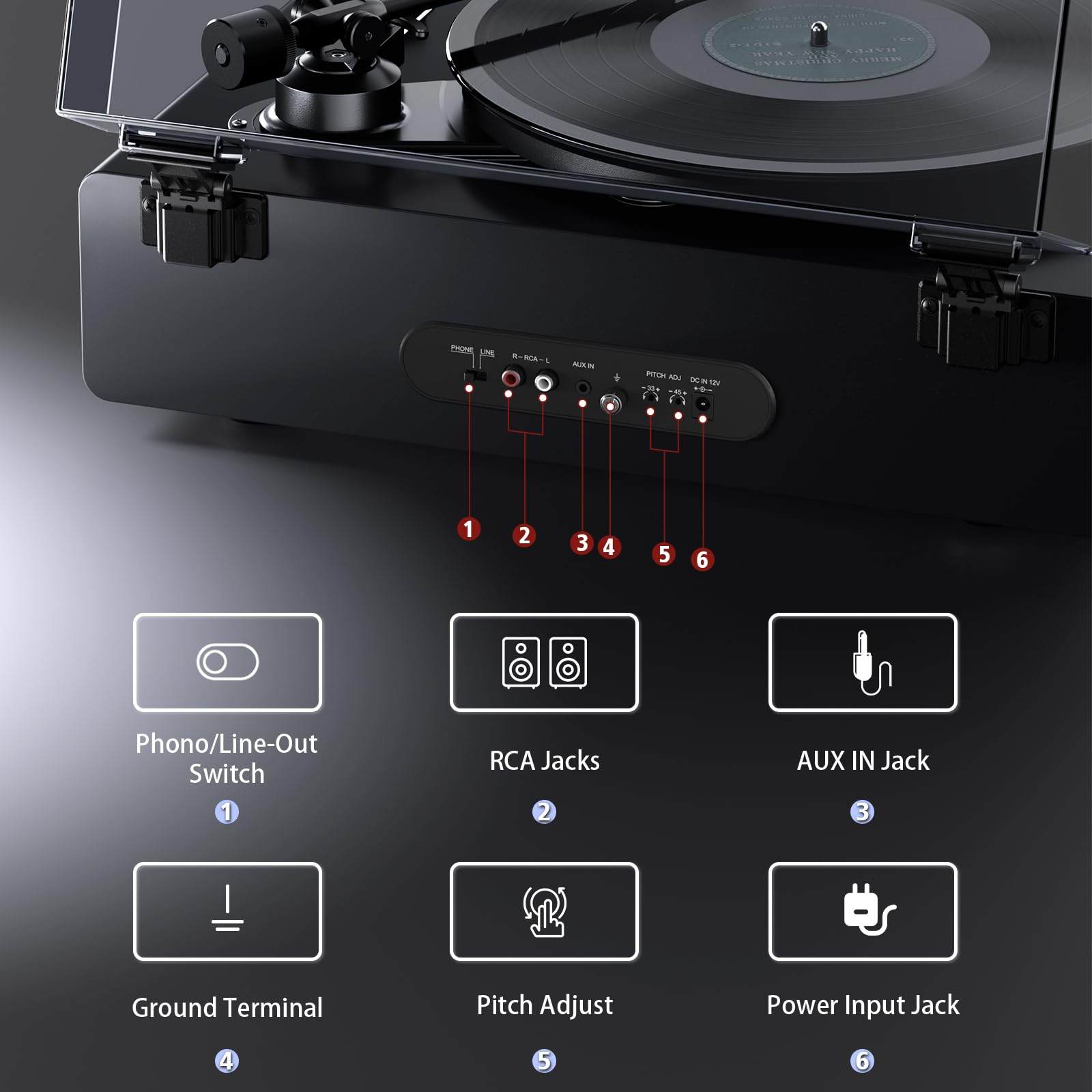 1 BY ONE HiFi Vinyl Record Player with Bluetooth Input, Piano Lacquer Grey