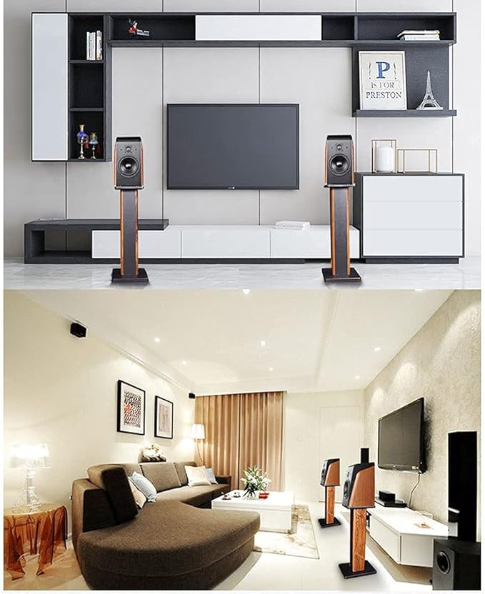 Speaker Stands Wood Grain Universal Floor Speaker Stands 24 Inch Floor Stand Mount Heavy Duty Surround Sound Speaker Stands for Home Theater with Sand Filling Tuning Function- 1 Pair