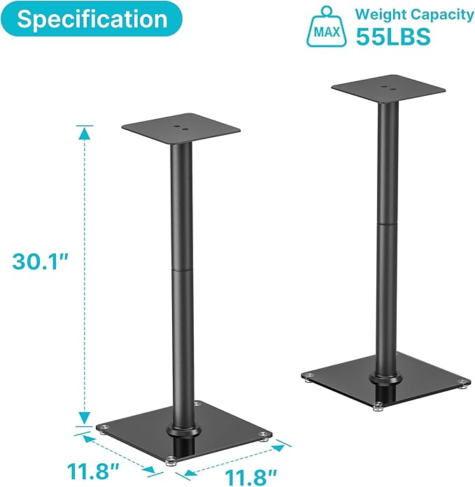 Speaker Stands Pair for Surround Sound,55 LBS Capacity,30.1 inch Floor Bookshlef Speaker Stands,Cable Management,Large Base,1 Pair,Black