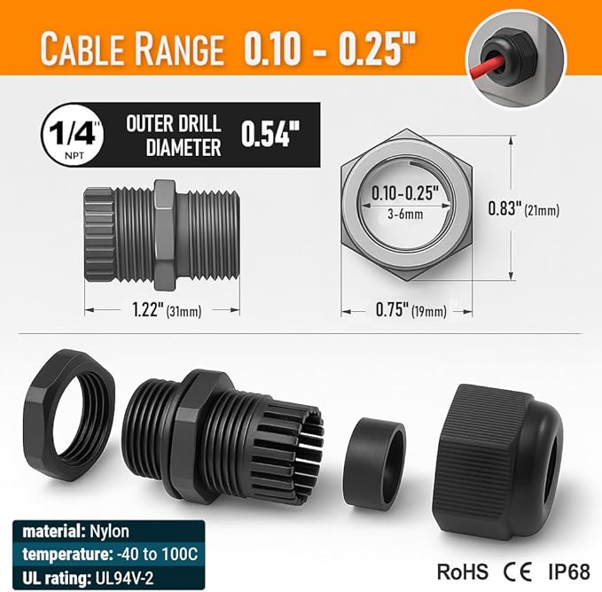 MGI SpeedWare 1/4" NPT Strain Relief Nylon Cord Grip Cable Glands, Black Plastic Grommet 5-Pack