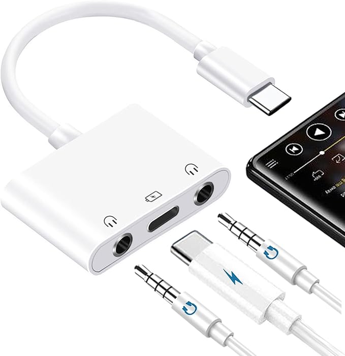 USB C to 3.5mm Audio Adapter, 3-in-1 Aux to USB C Headphone Splitter with PD Fast Charging, 3.5mm to USB C Headphone Jack Adapter Compatible with iPhone 15/16, iPad Pro, Galaxy S24/S23, and More