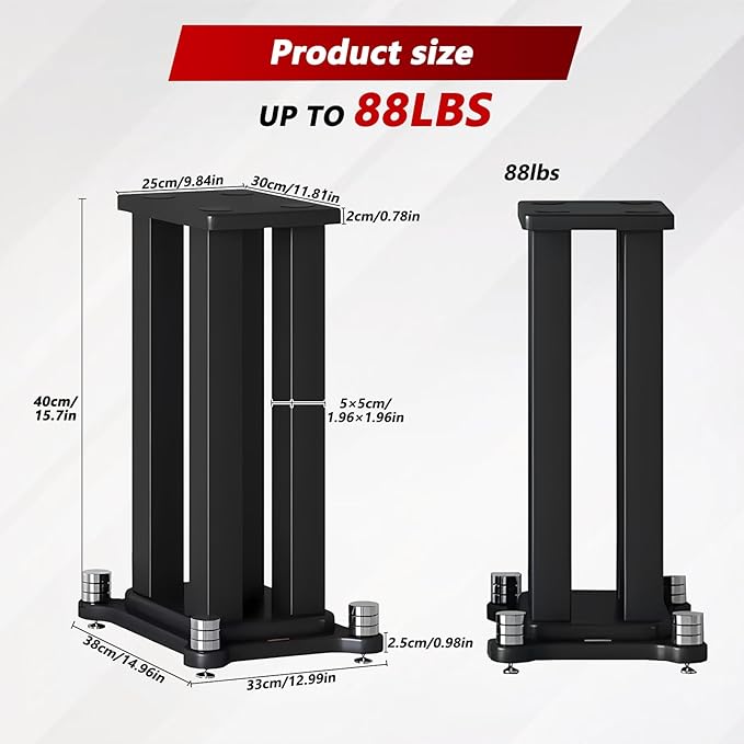A Pair of Universal Speaker Stands, Heavy Duty Speaker Stands Holds Bookshelf Speaker Satellite Speaker Large Speaker, Vibration-Absorbing MDF Design, Holds 88lbs Speaker (Black, 40cm/15.7in)
