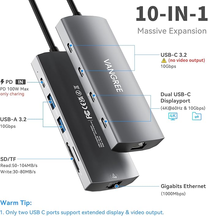 VANGREE 10Gbps USB C Hub with Dual 4K@60Hz USB-C Displayports for Laptop