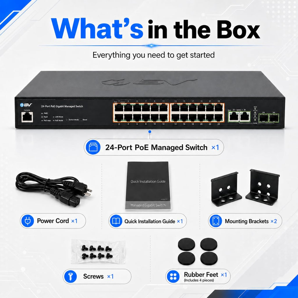 BV-Tech 24-Port Gigabit PoE+ Switch, 2 RJ45 & 2 SFP Uplinks, L2 Managed