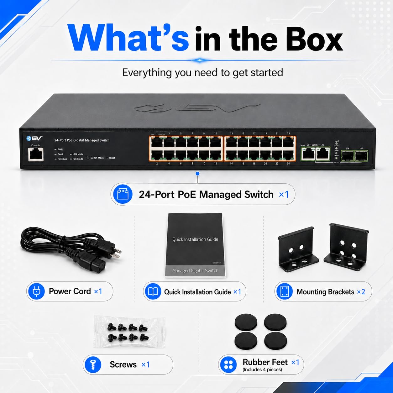 BV-Tech 24-Port Gigabit PoE+ Switch, 2 RJ45 & 2 SFP Uplinks, L2 Managed