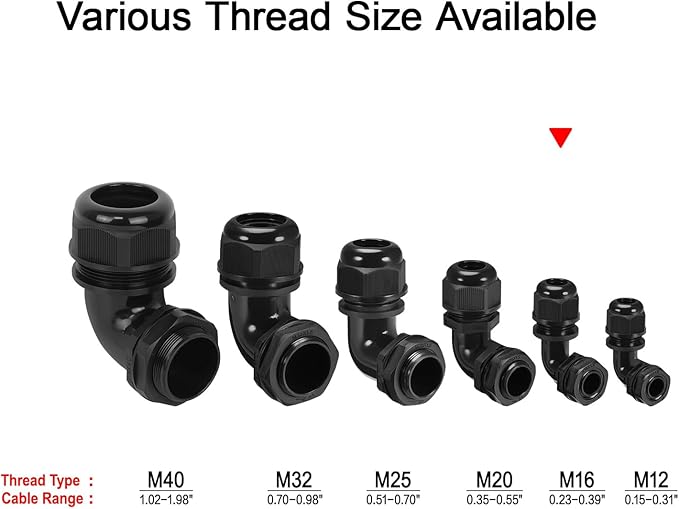 LeMotech M20 Cable Gland, 90 Degree Adjustable 9-14mm Strain Relief, Cord Connectors Nylon Joints with Gaskets, 6 Pcs, Black